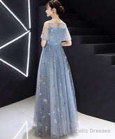 Blue Round Neck Tulle Long Prom Dress, Blue Tulle Evening Dress, 1